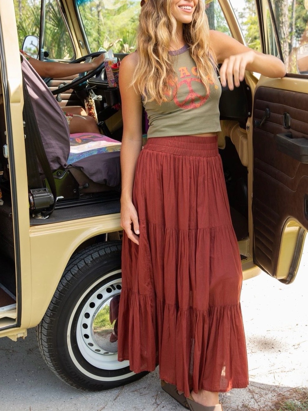 Natural Life Rust Tiered Maxi Skirt Boho Cotton Elastic Waist Cottagecore Fall